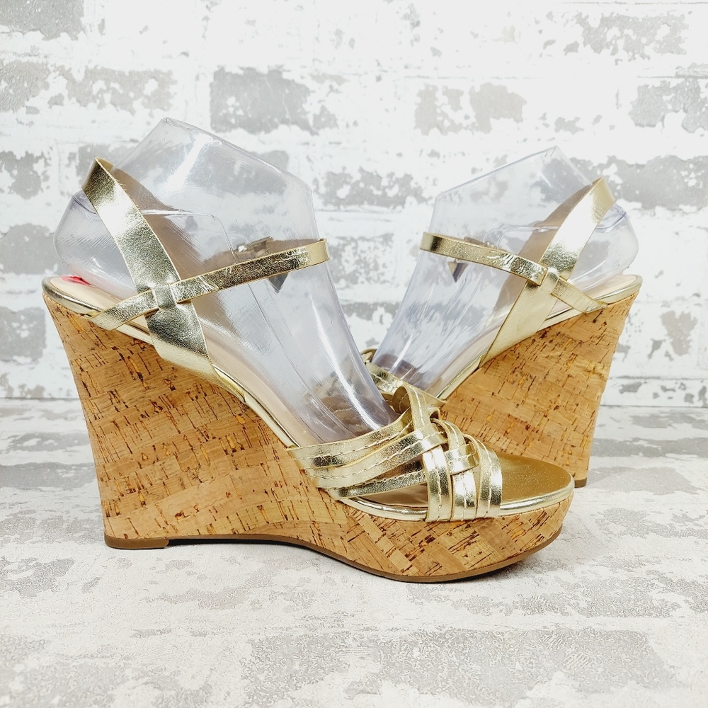 New Guess Project Gold Platform Cork Wedge Sandals B457 - Picture 3 of 13